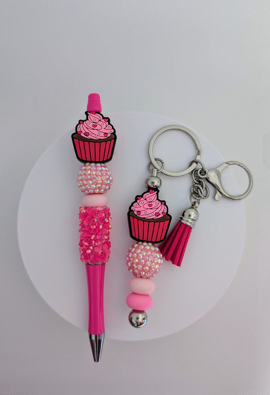Conjunto de Bolígrafo y Llavero de pastel (cup cake)
